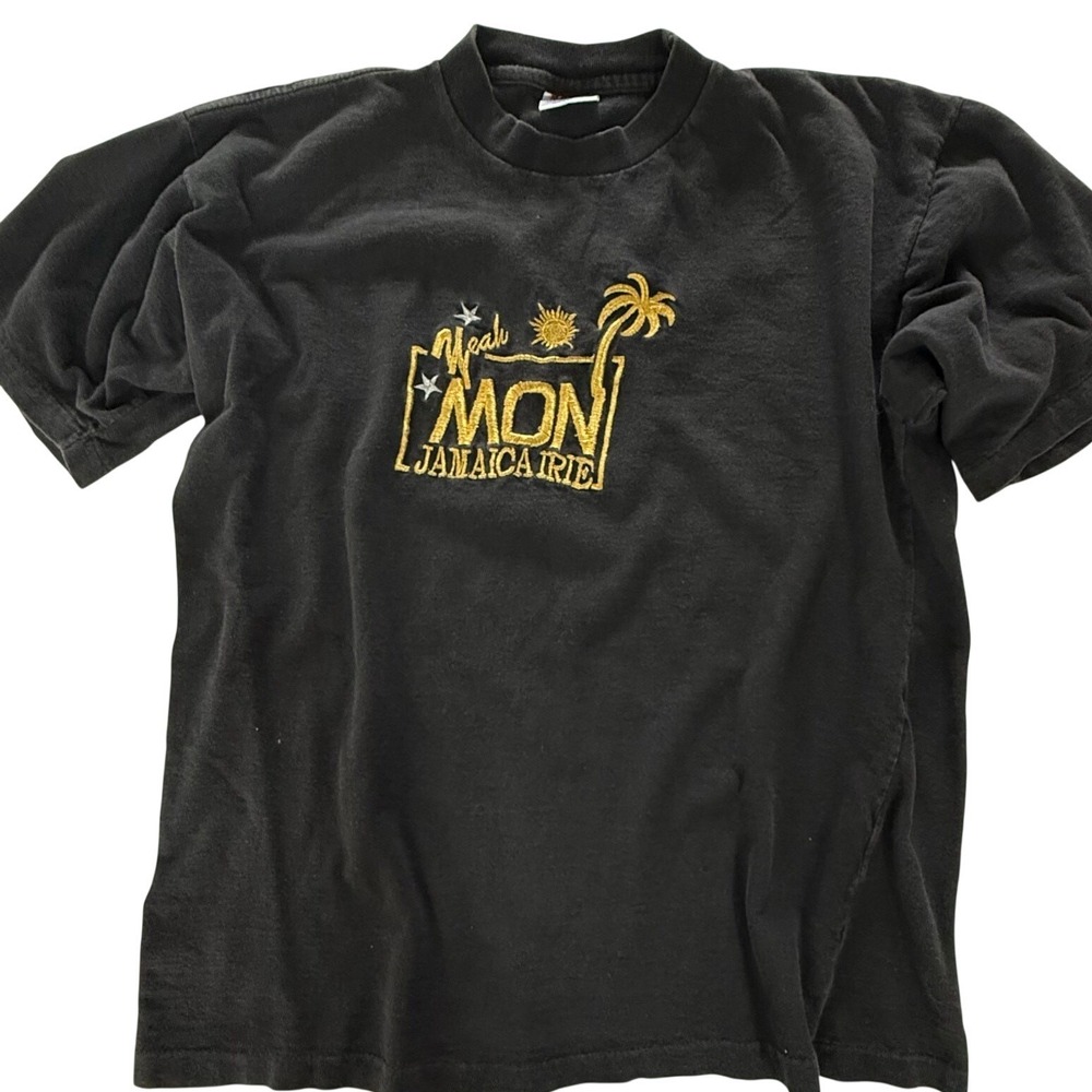 Vintage‎ Single Stitch Yeah Mon Jamaica Irie T Shirt Black XXL Embroidered